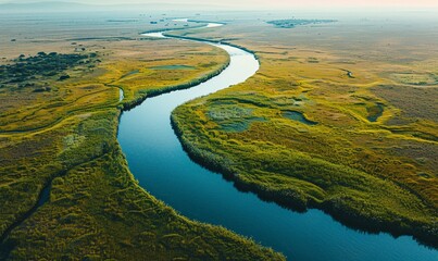 Wall Mural - High-angle aerial shot from a plane of a winding river on grasslands, captured in high-definition, showcasing minimalistic beauty.