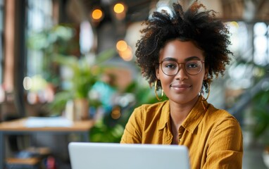 Wall Mural - A woman with curly hair and glasses is sitting at a table with a laptop. She is smiling and she is enjoying her time