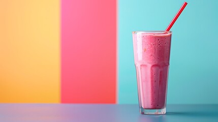 Wall Mural - A glass of fresh smoothie with straw on gray table isolated on colorful background