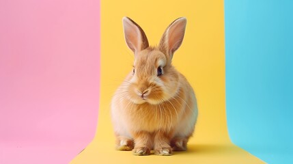 Wall Mural - A live brown rabbit sits on top isolated on colorful background