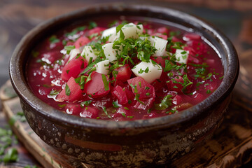 Wall Mural - Cold beet soup with yogurt and fresh parsley in a clay bowl