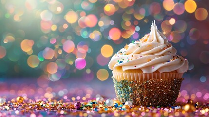 A New Year Eve cupcake sits surrounded by glitter on a table isolated on colorful background