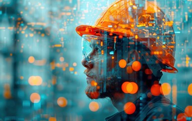 Wall Mural - A man wearing an orange hard hat and goggles is looking at a computer screen. The image is a digital representation of a cityscape with a man in the foreground. The man's gaze is focused on the screen