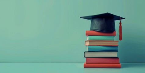 Graduation Cap Resting on Stack of Books Against Green Background