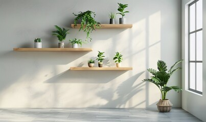 Wall Mural - Brightly lit room with a white wall, featuring floating wooden shelves adorned with small house plants, minimalist design.