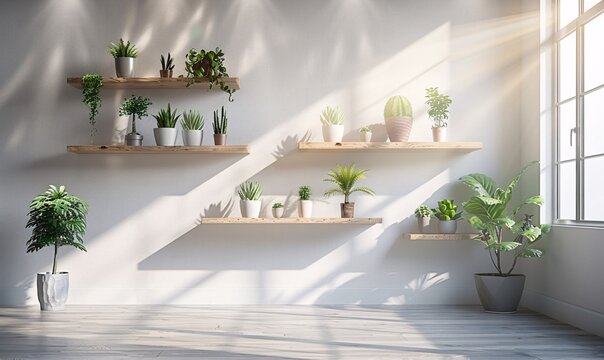 Minimalist room with a white wall and floating wood shelves holding small house plants, brightly lit and simple