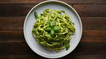 Wall Mural - A plate of green pasta with basil on top