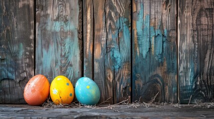 Sticker - Easter eggs painted against a wooden backdrop