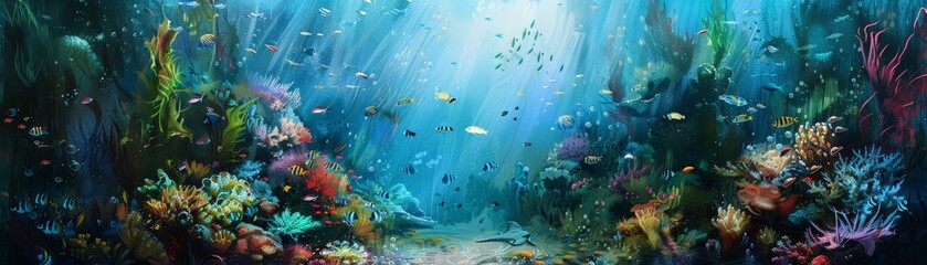 Wall Mural - Vibrant underwater scene with colorful coral reefs, diverse marine life, and sunlight filtering through the water, creating a mesmerizing view.