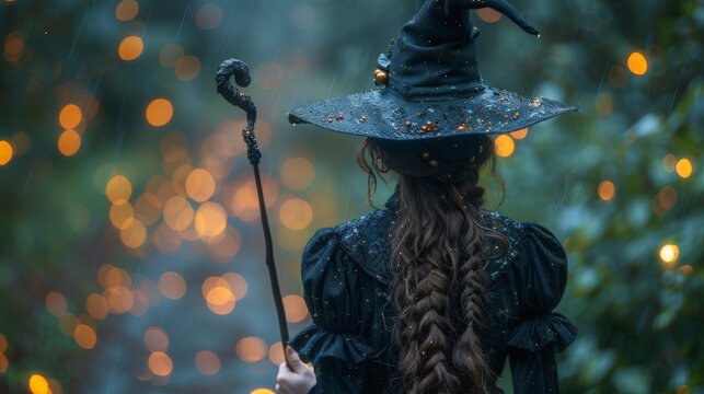 Enchanted Forest: Mysterious Witch Holding Staff In Misty Woods With Glowing Lights