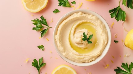 bowl of hummus lemon and parsley isolated on colorful background