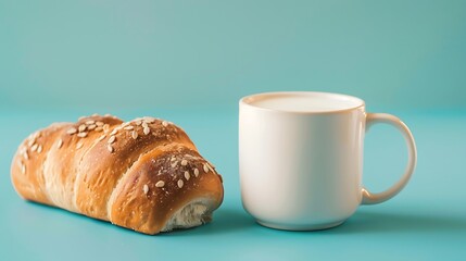 Wall Mural - bread roll and mug of milk isolated on colorful background