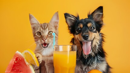 Cat and dog celebrating with fresh juice glasses isolated on colorful background