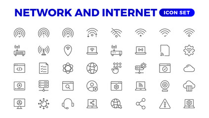Set of Network and Internet outline icons. linear icon collection for online, computer, network, website, server, web design, hardware, software, and programming. Solid icons illustration collection.