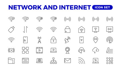 Set of Network and Internet outline icons. linear icon collection for online, computer, network, website, server, web design, hardware, software, and programming. Solid icons illustration collection.