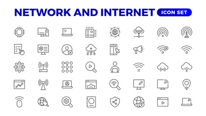 Set of Network and Internet outline icons. linear icon collection for online, computer, network, website, server, web design, hardware, software, and programming. Solid icons illustration collection.
