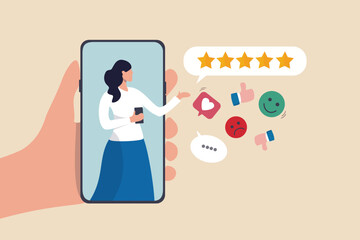 Customer experience, CX or UX user experience, feedback or comment, opinion on product and service, user satisfaction positive or negative feedback concept, woman on mobile giving experience rating.