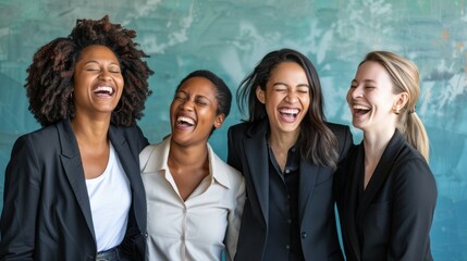 Business women from different nationalities laugh and smile together.
