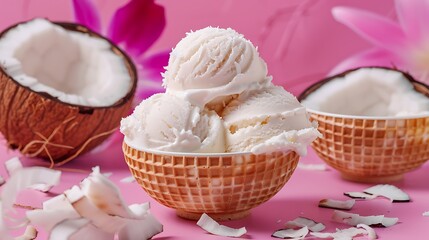 Wall Mural - coconut ice cream in bowl and two waffle cup isolated on colorful background