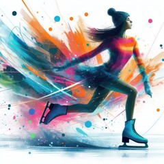 Wall Mural - Young woman skates on ice abstract style colorful Isolated on white background