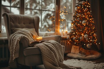 Wall Mural - A cozy corner with a comfortable chair, a warm blanket, a book, and a Christmas tree glowing softly in the background