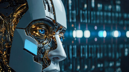 Robot and human face. Concept of artificial intelligence and cybersecurity
