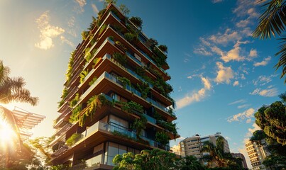 Sunny day view of a sustainable 30-story building in São Paulo, blending Iranian design with balconies in harmonious colors, solar panels, and cinematic realism.