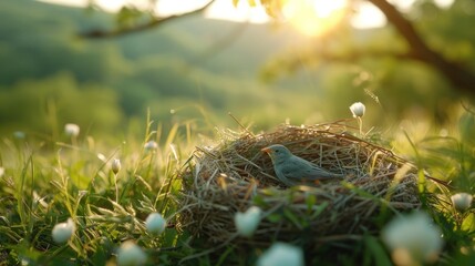 A Bird Nestled in the Grass