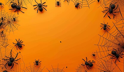 Wall Mural - halloween background with spider web and cobwebs on orange  with background design