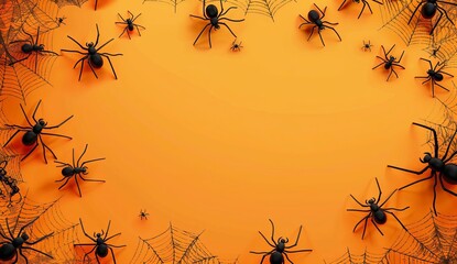 Wall Mural - halloween background with spider web and cobwebs on orange  with background design