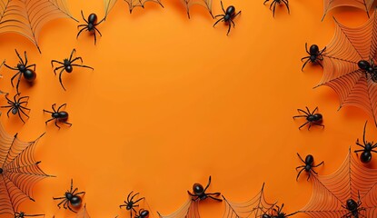 Wall Mural - halloween background with spider web and cobwebs on orange  with background design