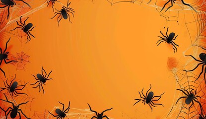 Wall Mural - halloween background with spider web and cobwebs on orange  with background design