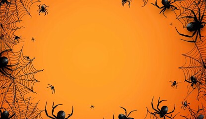 Wall Mural - halloween background with spider web and cobwebs on orange  with background design