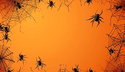 Wall Mural - halloween background with spider web and cobwebs on orange  with background design