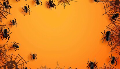 Wall Mural - halloween background with spider web and cobwebs on orange  with background design