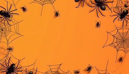 Sticker - halloween background with spider web and cobwebs on orange  with background design
