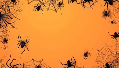Wall Mural - halloween background with spider web and cobwebs on orange  with background design