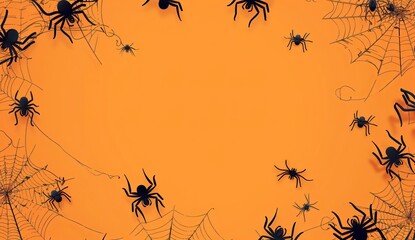 Wall Mural - halloween background with spider web and cobwebs on orange  with background design