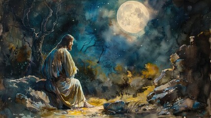Dramatic yet serene watercolor painting depicting Jesus Christ in deep prayer and contemplation within the tranquil Garden of Gethsemane illuminated by the soft glow of the moon