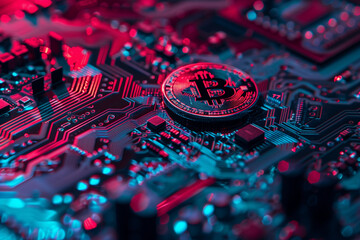 Cryptocurrency coin on a computer motherboard, crypto currency mining concept. Tokens Blockchain.