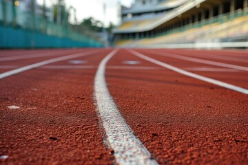 Wall Mural - Red running track at the track and field stadium, low angle. The rough pavement is delineated with white lines.