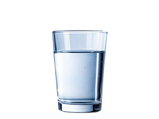 A clear glass filled with fresh water sits alone on a white background