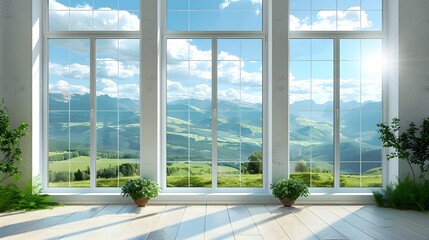 Wall Mural - 3 white windows with a clear sky and green landscape outside, a panoramic window with floor-to-ceili