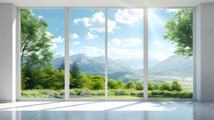 Wall Mural - 3 white windows with a clear sky and green landscape outside, a panoramic window with floor-to-ceili