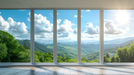 Wall Mural - 3 white windows with a clear sky and green landscape outside, a panoramic window with floor-to-ceili
