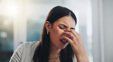 Poster - Business woman, headache and burnout in office by anxiety, fatigue and stress for company project. Professional, mental health and employee overworked with depression, person with migraine and tired