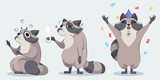 Fototapeta Fototapety na ścianę do pokoju dziecięcego - Cute racoon cartoon character. Funny vector raccoon illustration. Wild mascot pose with confetti for birthday celebrating. Comic sleepy and tired animal with coffee. Adorable emotion expression set