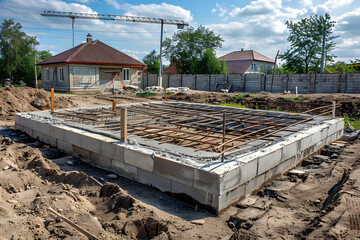 Poster - Laying the foundation. Construction works. The foundation for the house.