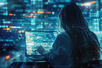 Woman using modern computer for digital marketing and IoT.