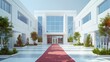 © horizon - A hospital building with white walls and blue windows, modern style architecture, exterior front view perspective red carpet entrance area at the door of buildings, light gray sky background.